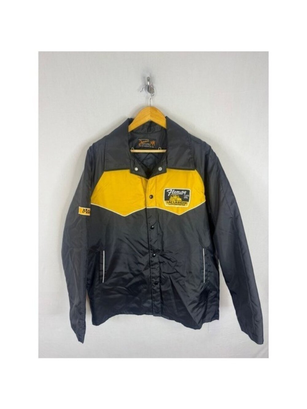 Vintage 70s Jensen Fleming Cats L Quilted Coaches Jacket Black Yellow Workwear